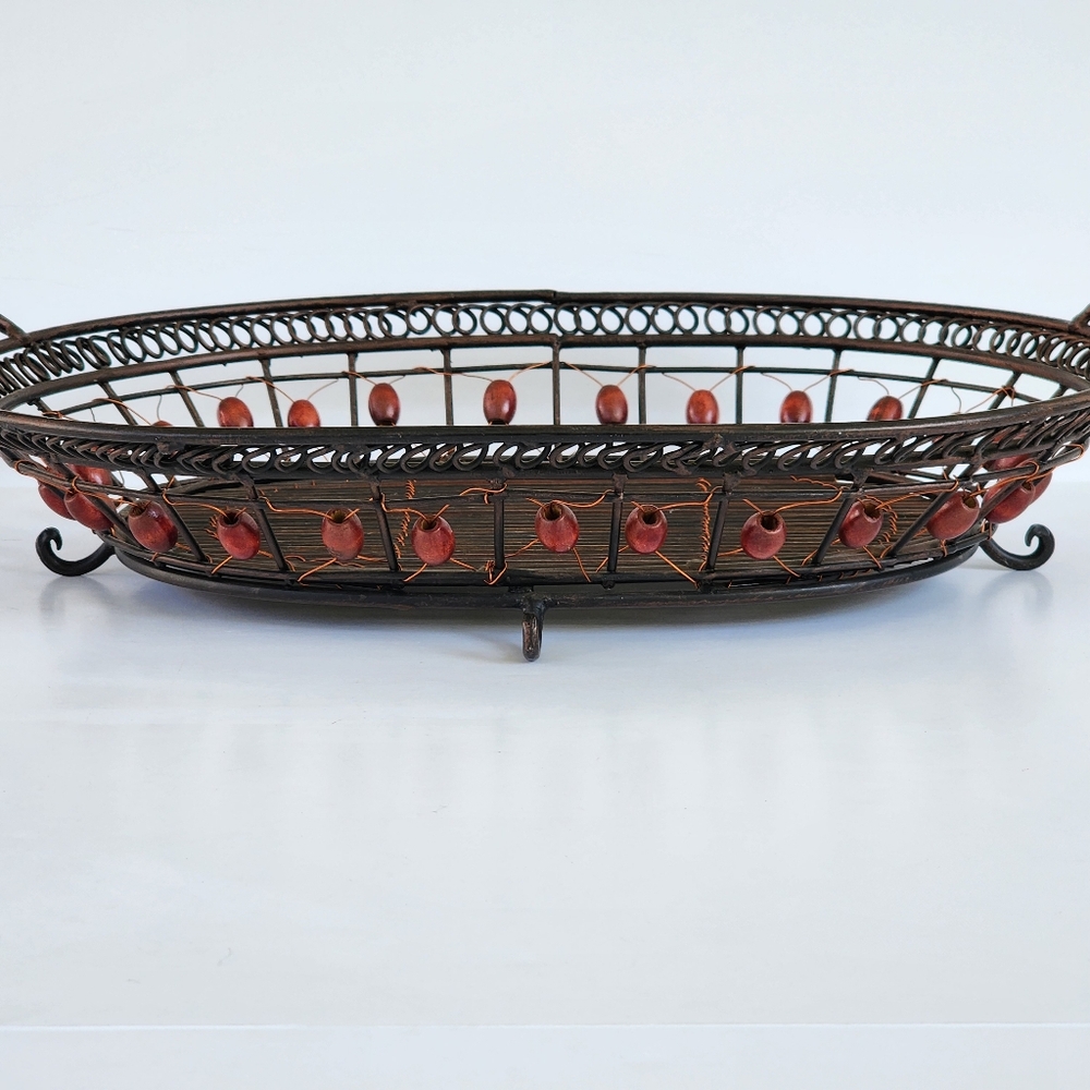 Contemporary Lg. Centerpiece METAL WIRE BASKET FRUIT TRAY w/ Wood Beads & Bottom
